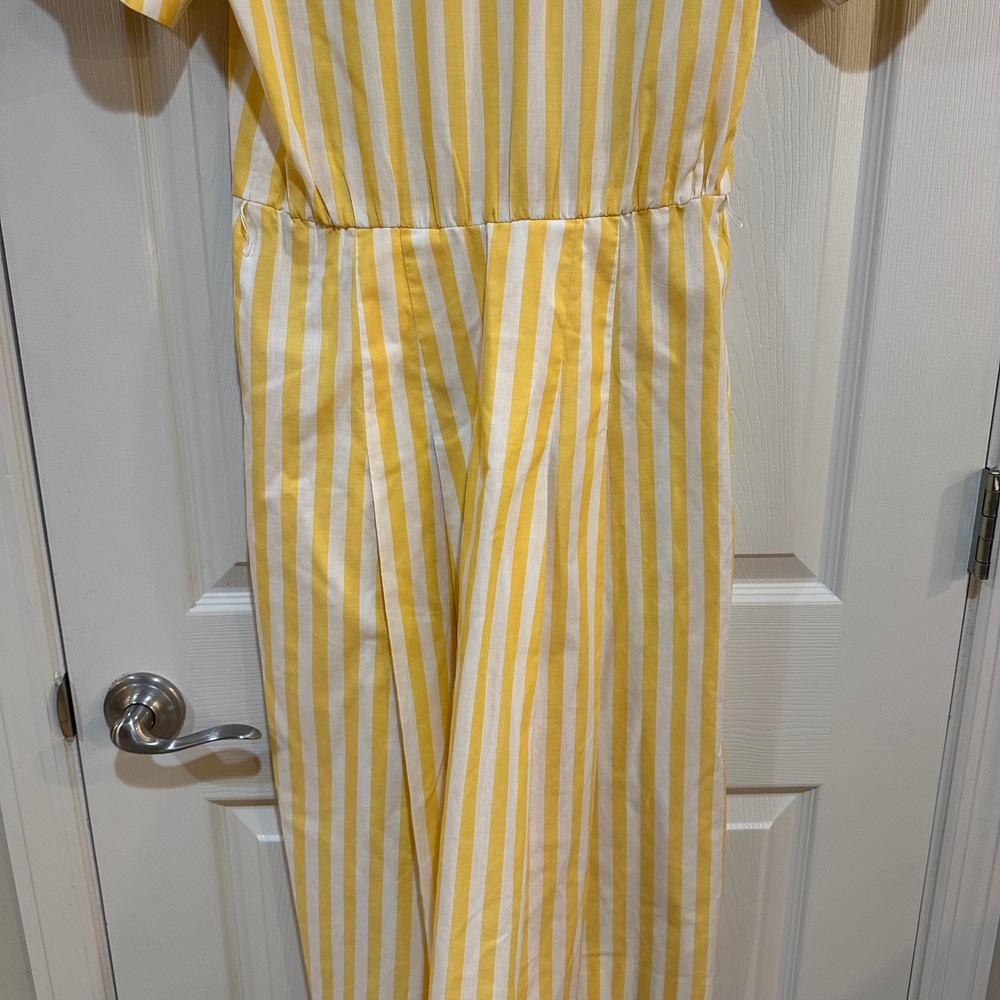 Vtg‎ Liz Claiborne Vintage Yellow White Striped Dress Petite 8 Button Front Midi - Picture 7 of 12